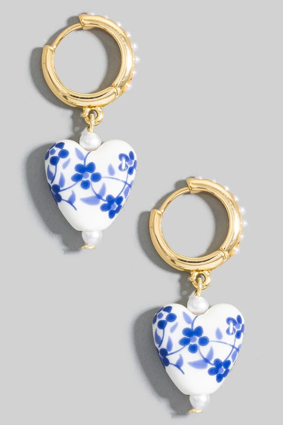 Earrings- Ceramic Heart and Pearl Dangles