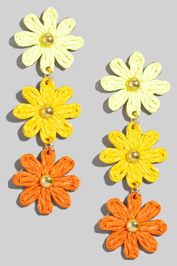 Earrings- Colorful Braided Flower Chain Dangles- Orange