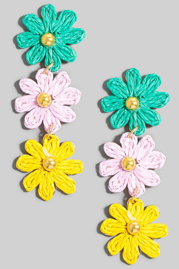 Earrings- Colorful Braided Flower Chain Dangles- Teal