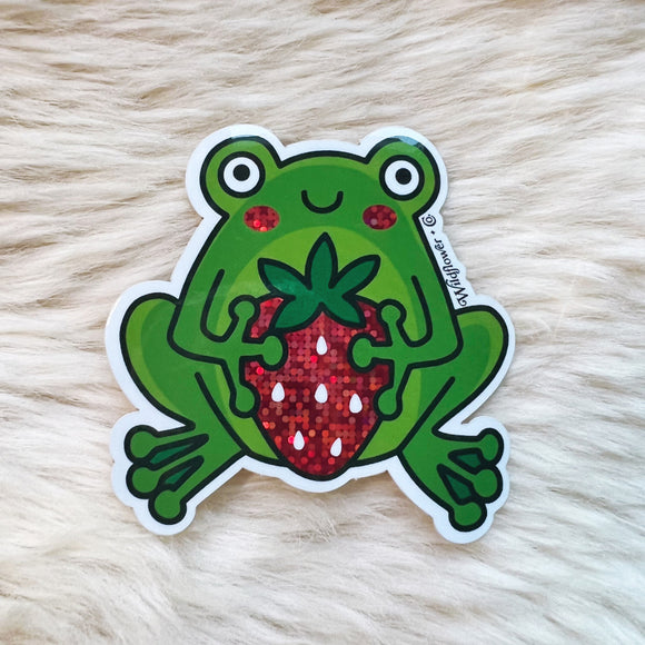 Frog & Strawberry Sticker - Glitter Holo