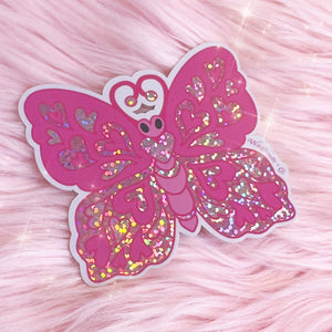 Heart Butterfly Sticker - Pink Holographic Glitter