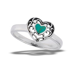 Sterling Silver Ring- Filigree Heart With Synthetic Turquoise