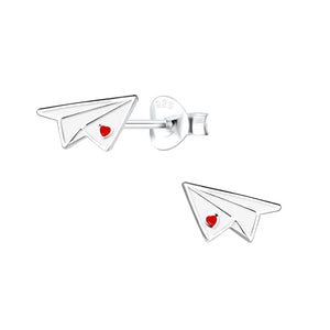 Sterling Silver Earrings- Enamel White Paper Airplane Studs