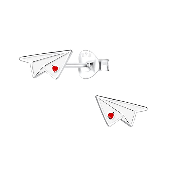 Sterling Silver Earrings- Enamel White Paper Airplane Studs