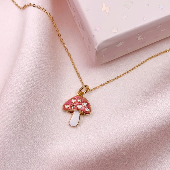 Cutie Mushroom Charm Necklace - Pink Glitter